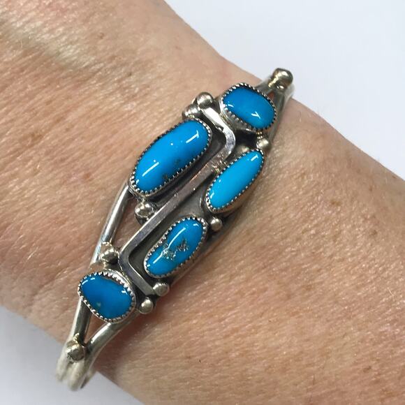 VTG Running Bear Trading Sterling Silver Turquoise Sawtooth Bezel Cuff Bracelet - Picture 1 of 13